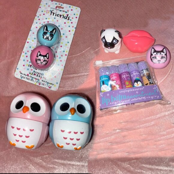 12 Cute lip balms / container Winter themes, Pug dog, cat, owls, Tony Moly lips, - Picture 1 of 14